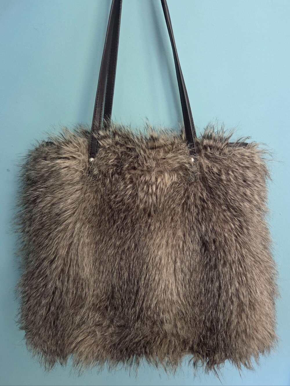 The Limited Faux Fur Tote in Brown and Gray with Dark Straps